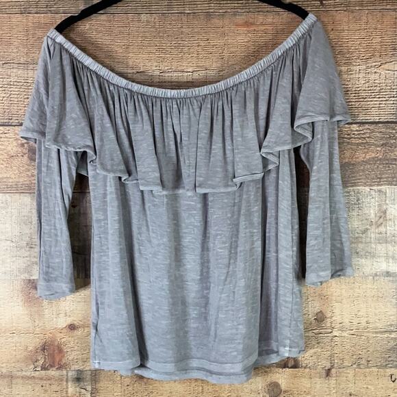 American Eagle Off The Shoulder Flounce Top Cropped Sleeve Gray Size Medium - Picture 5 of 6